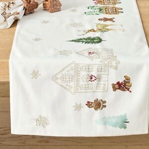 Pottery Barn Gingerbread Train Embroidered Cotton Table Runner 18”x108”